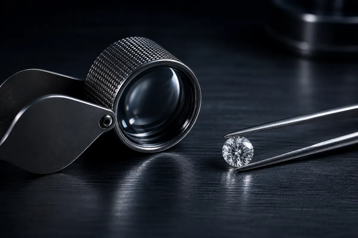 Jeweler's loupe beside steel tweezers holding a polished diamond on a dark bench