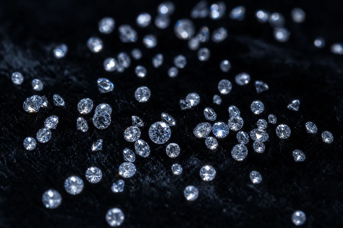 Calibrated melee diamonds scattered on black velvet