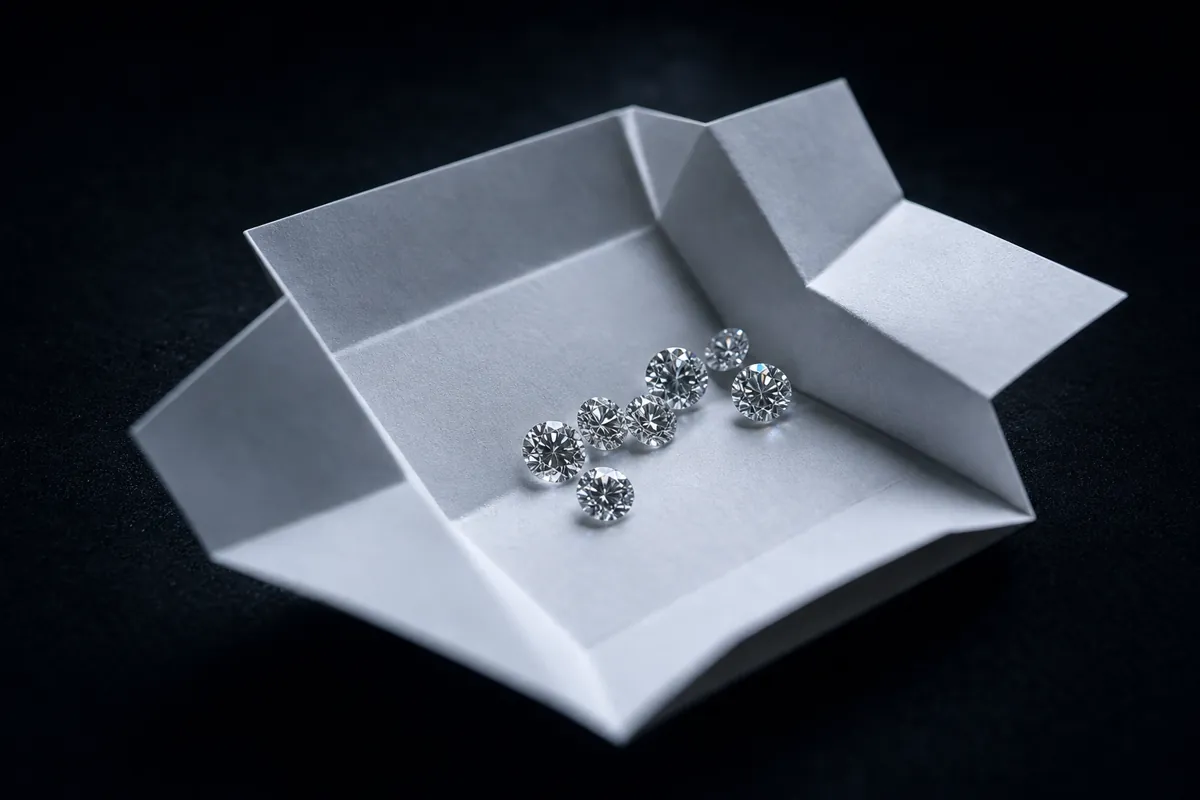 Diamond parcel papers opened to show polished stones