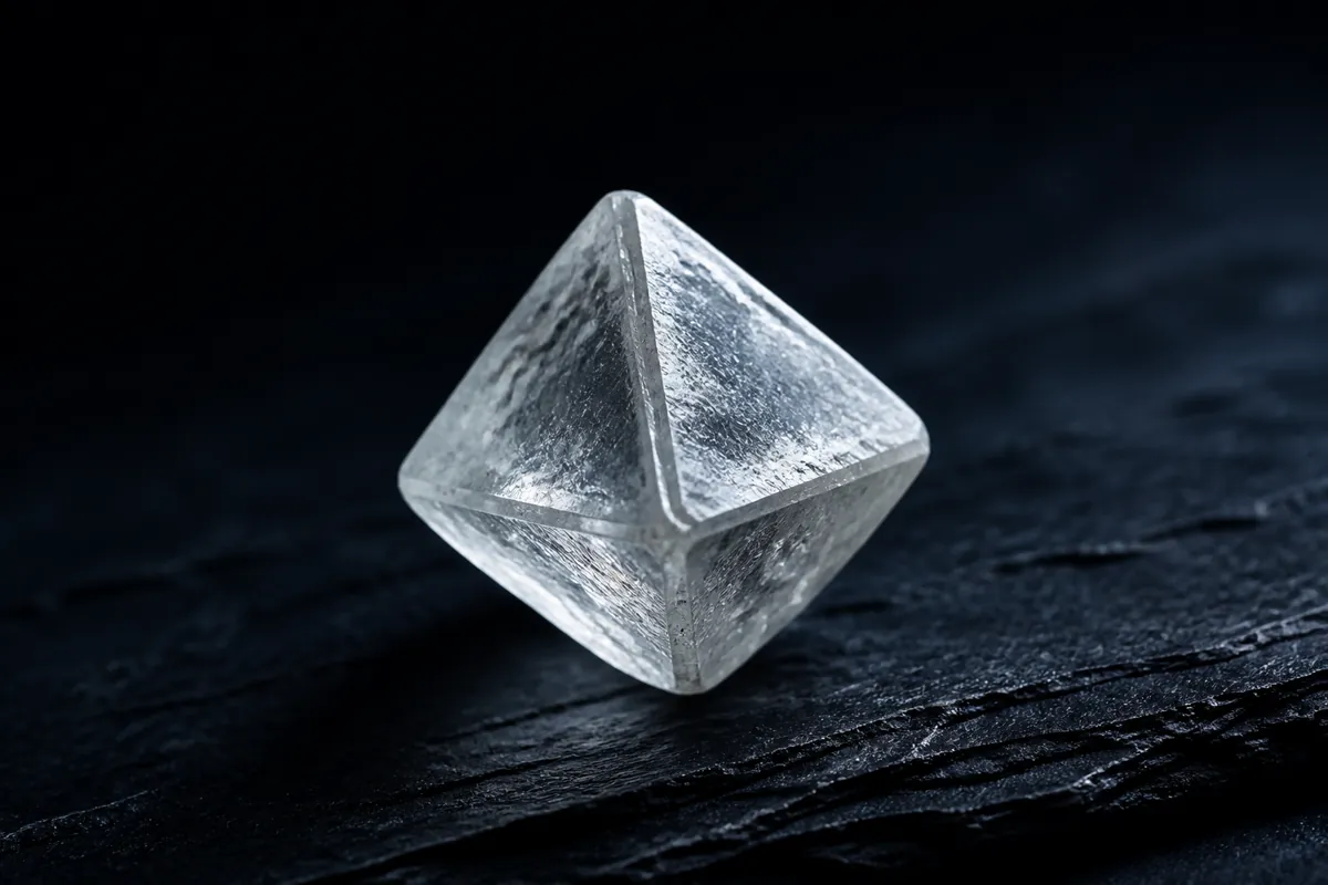 Rough natural diamond octahedron crystal resting on dark slate