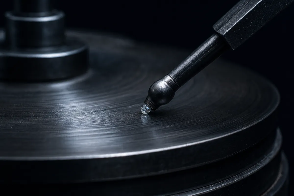 Cast-iron scaife polishing wheel with a dop arm holding a diamond against the surface