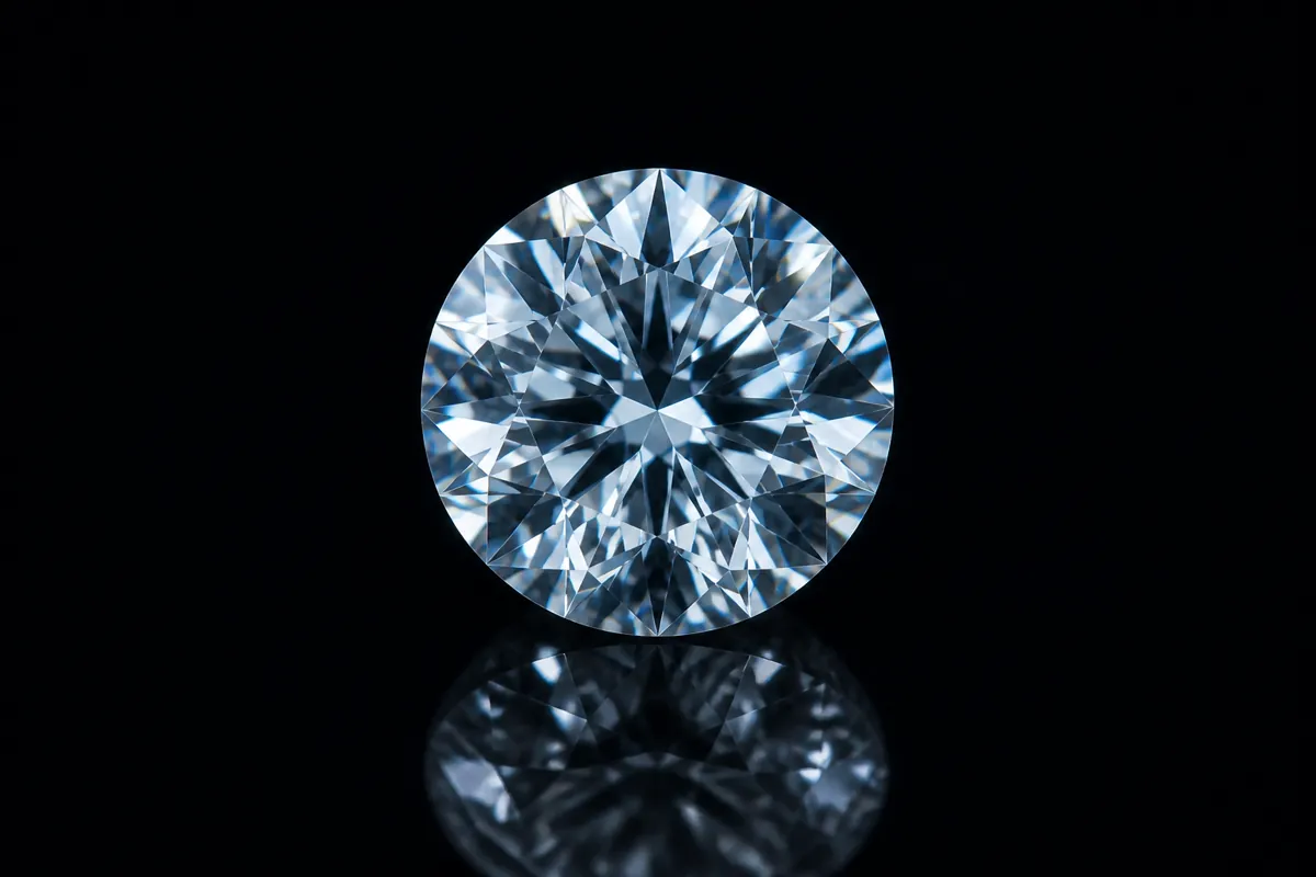 Single polished round brilliant diamond on a black mirror surface with its reflection